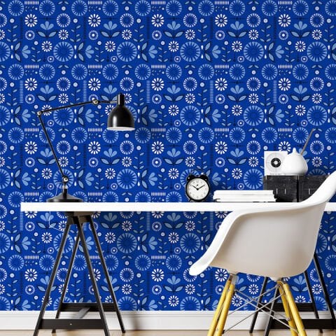 Mavi İskandinav Çiçek Desenli Kendinden Yapışkanlı Duvar Kağıdı