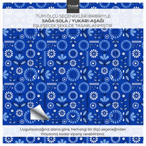 Mavi İskandinav Çiçek Desenli Kendinden Yapışkanlı Duvar Kağıdı