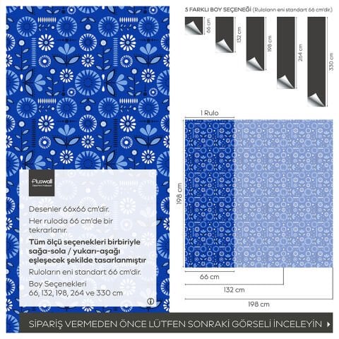 Mavi İskandinav Çiçek Desenli Kendinden Yapışkanlı Duvar Kağıdı