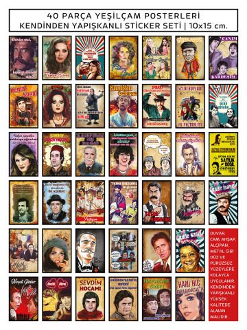 40 Parça Yeşilçam Posterleri Kendinden Yapışkanlı Sticker Seti | 10x15 cm.