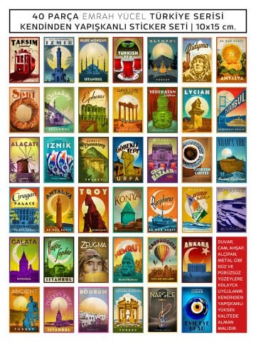 40 Parça Emrah Yücel Türkiye Serisi Kendinden Yapışkanlı Sticker Seti | 10x15 cm.