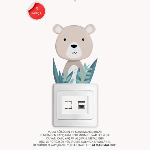 Priz Üstü 3lü Sevimli Hayvanlar Sticker Seti