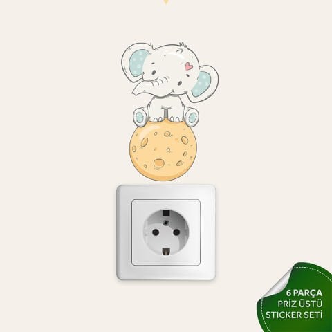 Priz Üstü 6lı Sevimli ve Eğlenceli Filler Sticker Seti, Bebek Odası Kreş Anaokulu Duvar Stickeri