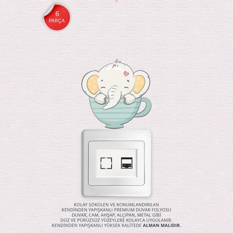 Priz Üstü 6lı Sevimli ve Eğlenceli Filler Sticker Seti, Bebek Odası Kreş Anaokulu Duvar Stickeri