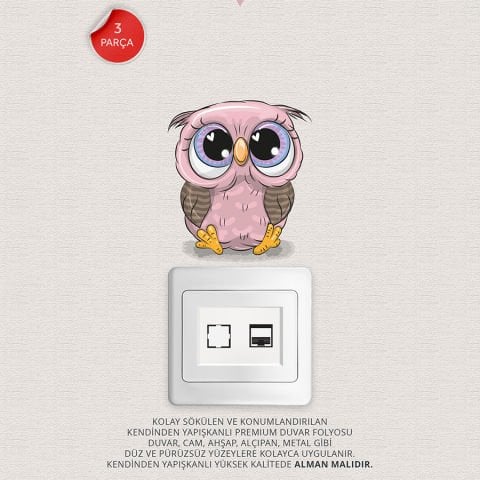 Priz Üstü 3lü Sevimli Baykuşlar Sticker Seti, Çocuk Odası Bebek Odası Duvar Çıkartmaları