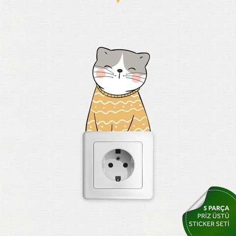 Priz Üstü 5li Sevimli Kediler Sticker Seti, Çocuk Bebek Odası Kedili Duvar Çıkartmaları