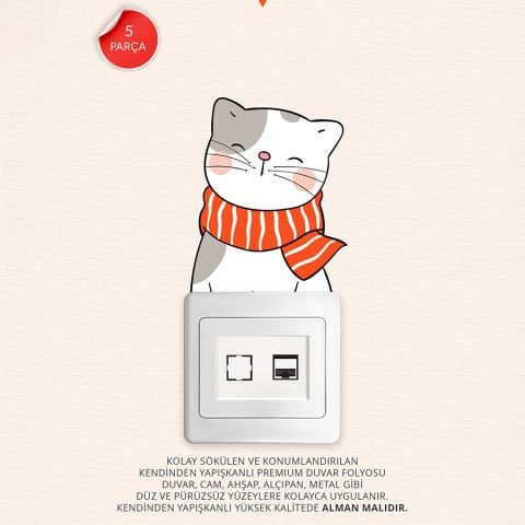 Priz Üstü 5li Sevimli Kediler Sticker Seti, Çocuk Bebek Odası Kedili Duvar Çıkartmaları