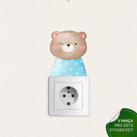 Priz Üstü 5li Sevimli Hayvanlar Sticker Seti, Çocuk Odası Hayvan Temalı Duvar Çıkartmaları