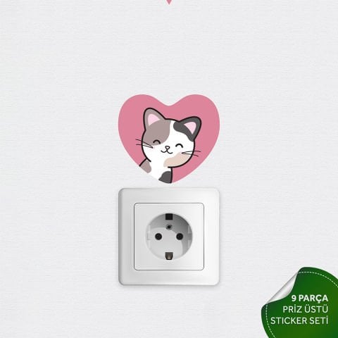 Priz Üstü 9lu Kalpli Kediler Sticker Seti, Çocuk Bebek Odası Kedili Duvar Çıkartmaları