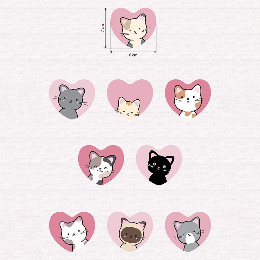 Priz Üstü 9lu Kalpli Kediler Sticker Seti, Çocuk Bebek Odası Kedili Duvar Çıkartmaları