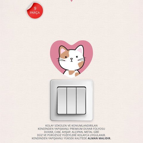 Priz Üstü 9lu Kalpli Kediler Sticker Seti, Çocuk Bebek Odası Kedili Duvar Çıkartmaları