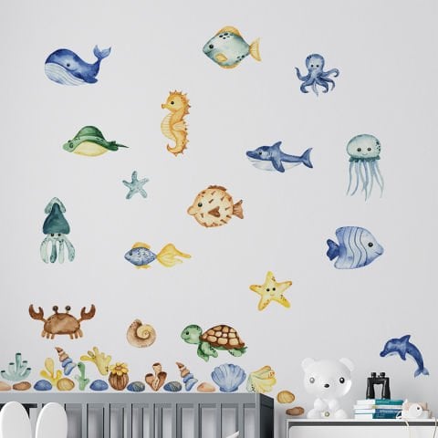 Çocuk Bebek Odası 37li Sevimli Deniz Canlıları Sticker Seti