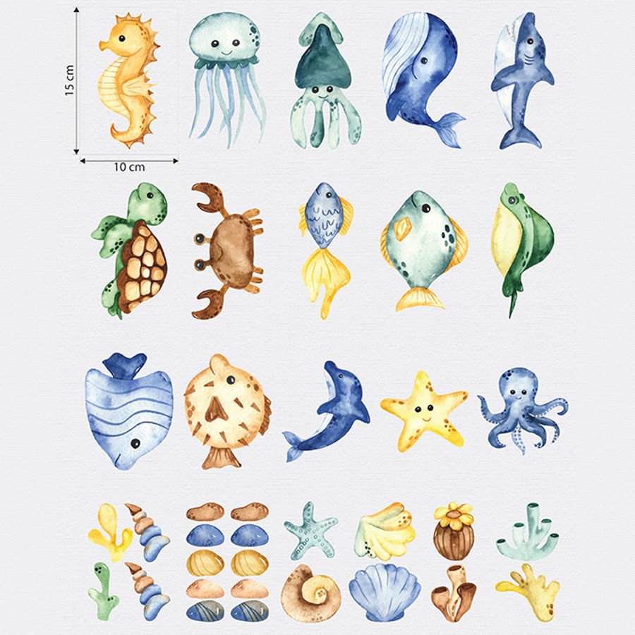Çocuk Bebek Odası 37li Sevimli Deniz Canlıları Sticker Seti