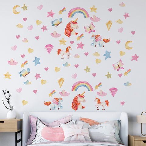 Romantik Unicornlar 82 Parça Sticker Seti, Kreş Anaokulu Duvar Çıkartmaları
