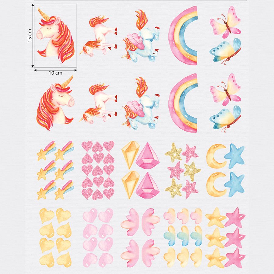 Romantik Unicornlar 82 Parça Sticker Seti, Kreş Anaokulu Duvar Çıkartmaları