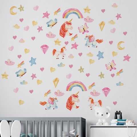 Romantik Unicornlar 82 Parça Sticker Seti, Kreş Anaokulu Duvar Çıkartmaları