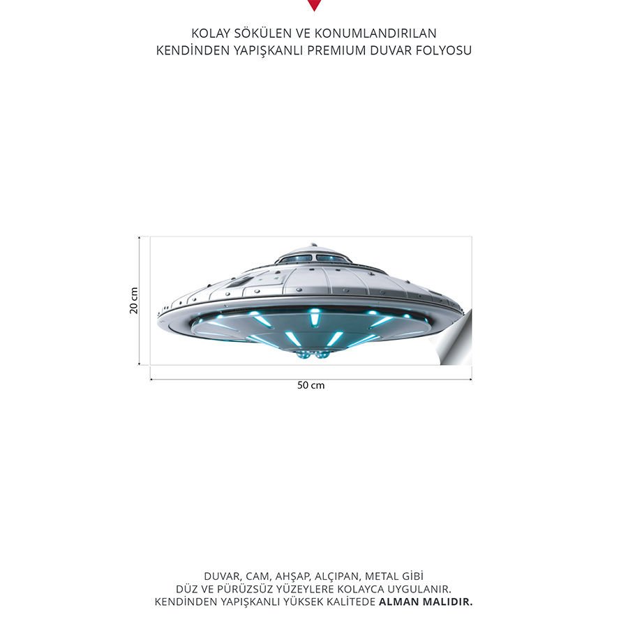 Ufo Duvar Stickeri, Uçan Daire Duvar Dekorasyonu | 20x50cm