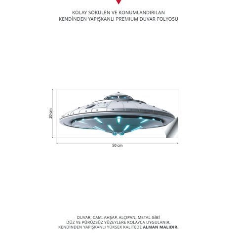 Ufo Duvar Stickeri, Uçan Daire Duvar Dekorasyonu | 20x50cm