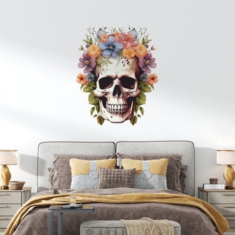 Çiçekli Kuru Kafa Duvar Stickeri, Korku Evi Duvar Stickeri | 41x50cm