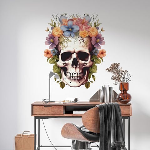 Çiçekli Kuru Kafa Duvar Stickeri, Korku Evi Duvar Stickeri | 41x50cm