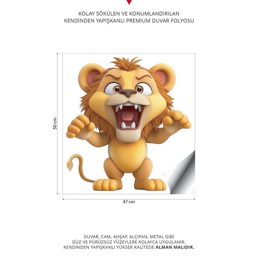 Sevimli Aslan Duvar Stickeri, Kreş Anaokulu Duvar Çıkartmaları| 47x50cm