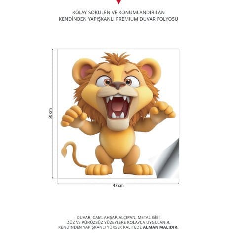 Sevimli Aslan Duvar Stickeri, Kreş Anaokulu Duvar Çıkartmaları| 47x50cm