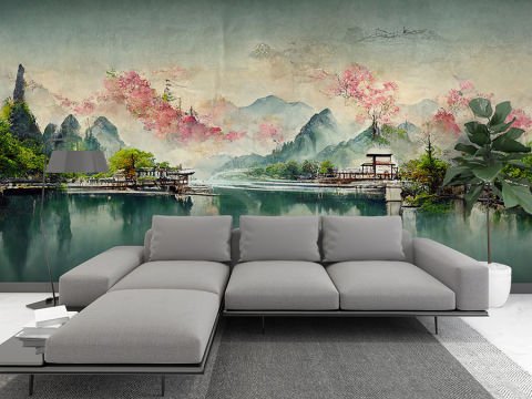 Doğal Göl Manzarası Japon Ağaçları Dağlar Duvar Kağıdı
