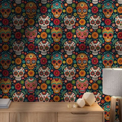 Meksika Tarzı Kafatası Desenli Kendinden Yapışkanlı Duvar Kağıdı, Çocuk Odası Duvar Kağıdı