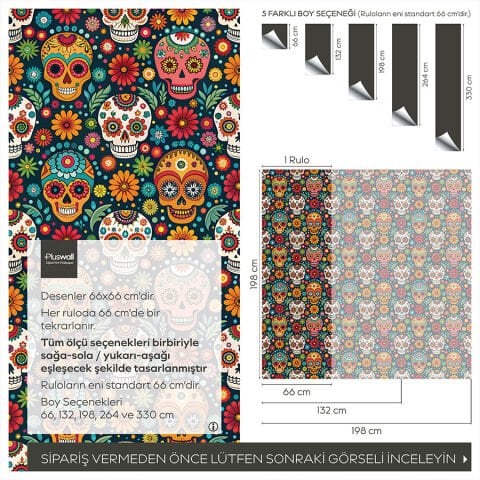 Meksika Tarzı Kafatası Desenli Kendinden Yapışkanlı Duvar Kağıdı, Çocuk Odası Duvar Kağıdı