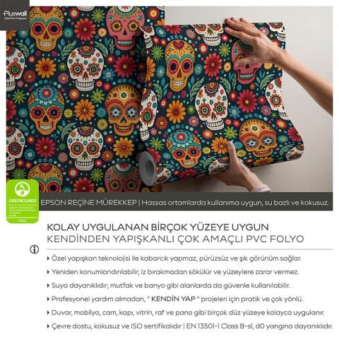 Meksika Tarzı Kafatası Desenli Kendinden Yapışkanlı Duvar Kağıdı, Çocuk Odası Duvar Kağıdı