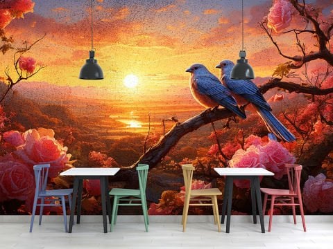Pembe Güller ve 2 Çift Kuş Gün Batımı Duvar Kağıdı