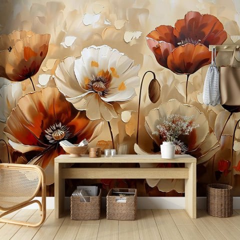 Romantik Yağlı Boya Görünümlü Çiçekli Duvar Kağıdı, Salon Duvar Kağıdı