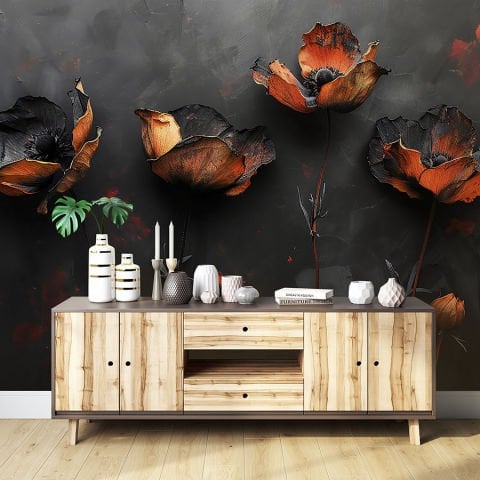 Minimalist Koyu Arkaplanlı Zarif Çiçekler Duvar Kağıdı, Ofis Duvar Kağıdı