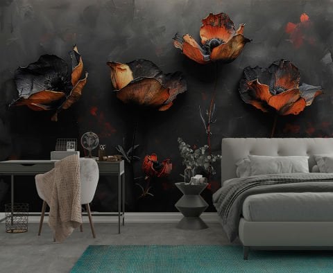 Minimalist Koyu Arkaplanlı Zarif Çiçekler Duvar Kağıdı, Ofis Duvar Kağıdı