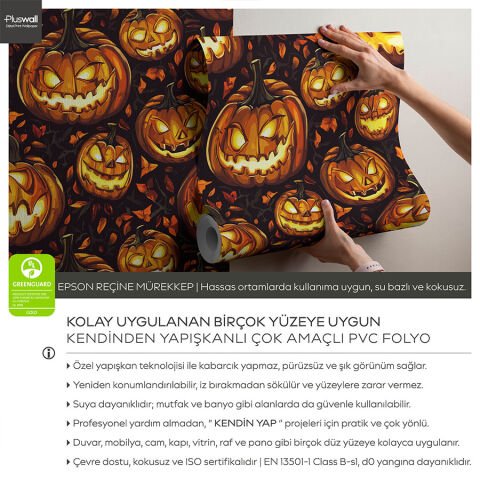 Ürkütücü Balkabağı Desenli Kendinden Yapışkanlı Duvar Kağıdı, Jack O'Lantern Duvar Kağıdı