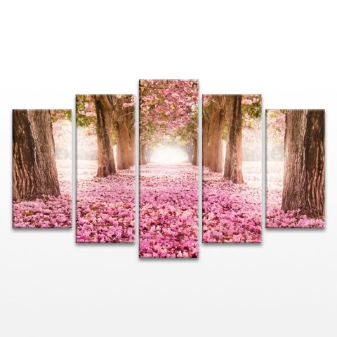 Pembe Çiçekli Orman Yolu 5 Parça Kanvas Tablo 90x175