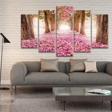 Pembe Çiçekli Orman Yolu 5 Parça Kanvas Tablo 90x175
