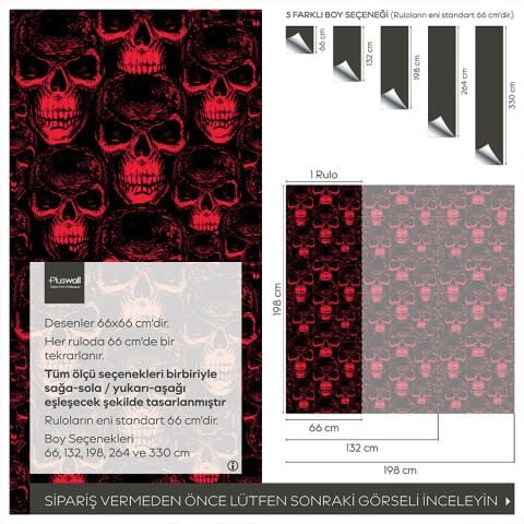 Kırmızı Gotik Kafatası Desenli Duvar Kağıdı, Çocuk Odası Kendinden Yapışkanlı Duvar Kağıdı