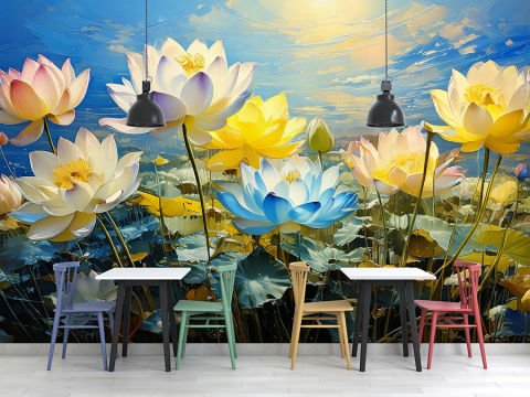 Pastel Tonlarda Yağlı Boya Görünümlü Çiçekli Duvar Kağıdı