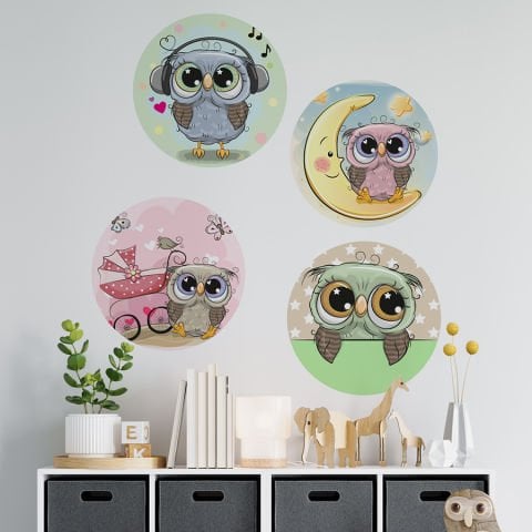 Sevimli Baykuşlar 4lü Duvar Stickeri | Baykuş Duvar Stickeri  | 25x25cm