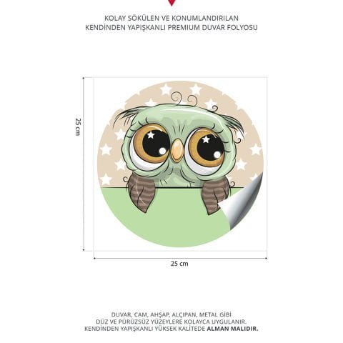 Sevimli Baykuşlar 4lü Duvar Stickeri | Baykuş Duvar Stickeri  | 25x25cm