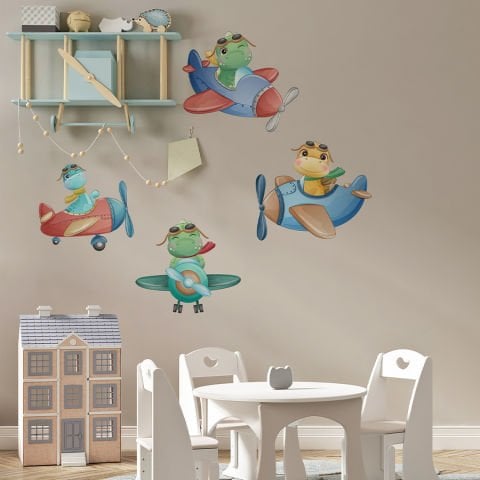 Sevimli Dinazorlar 4lü Duvar Stickeri | Uçaktaki Dinazorlar Duvar Stickeri | 23x25cm