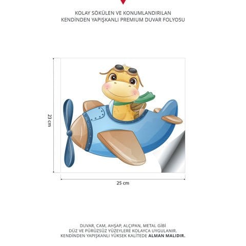 Sevimli Dinazorlar 4lü Duvar Stickeri | Uçaktaki Dinazorlar Duvar Stickeri | 23x25cm