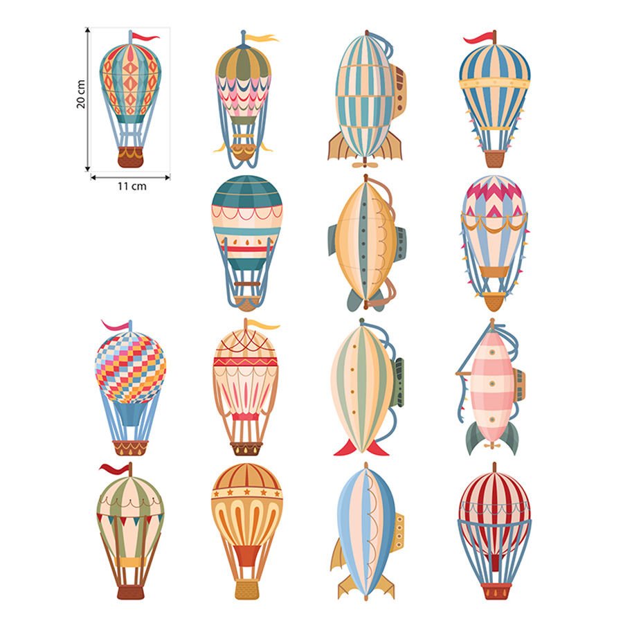 Sıcak Hava Balonları ve Zeplinler 15 Parça Duvar Stickeri Seti | 11x20cm
