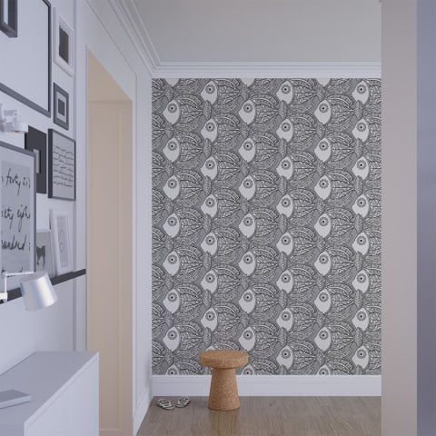 Siyah Beyaz Gri Balık Desenli Duvar Kağıdı