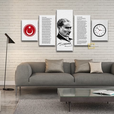 Atatürk Panosu Saatli 5 Parça Kanvas Tablo 60x100