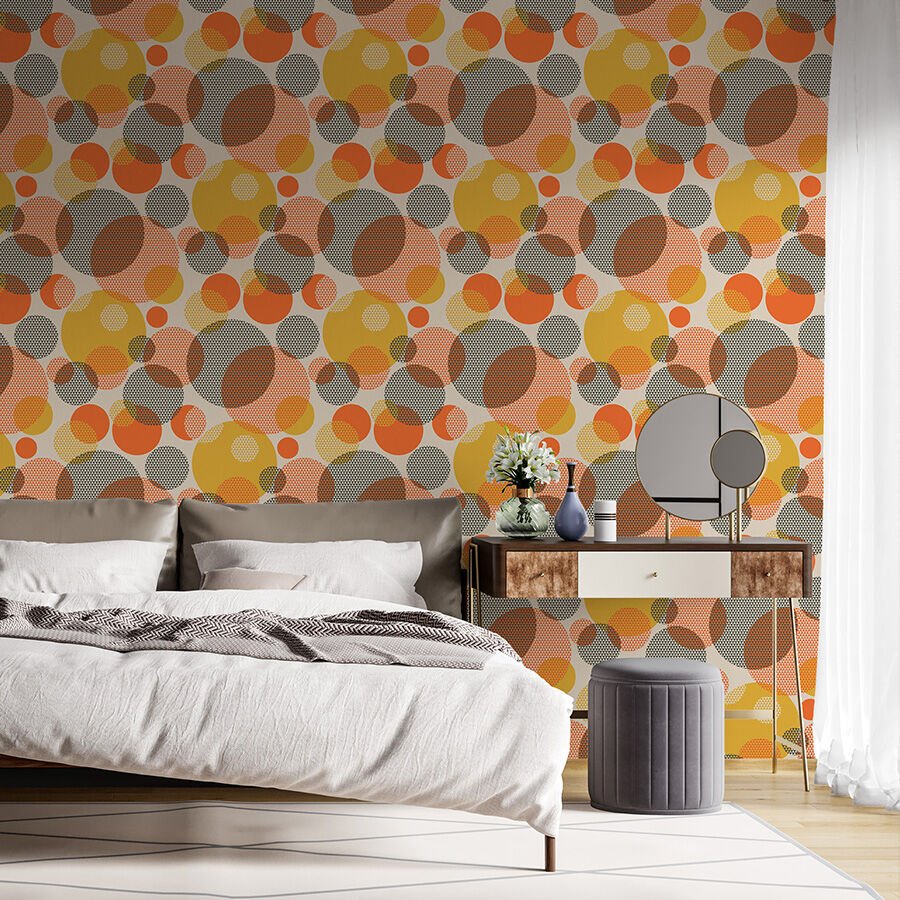 70'ler Esintili Geometrik  Duvar Kağıdı, Orta Yüzyıl Tarzı Modern Yatak Odası Dekoru