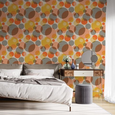 70'ler Esintili Geometrik  Duvar Kağıdı, Orta Yüzyıl Tarzı Modern Yatak Odası Dekoru