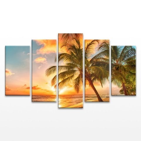 Tropikal Deniz Manzaralı 5 Parça Kanvas Tablo 90x150 Cm.