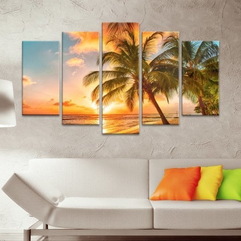 Tropikal Deniz Manzaralı 5 Parça Kanvas Tablo 90x150 Cm.